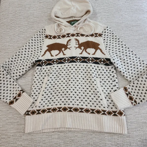 American Eagle Knit Hooded Pullover Deer Sweater Cream Mens Medium Winter FallE - Picture 2 of 9